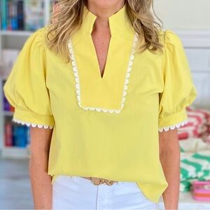 Yellow Puff Sleeve Split-Neck Blouse